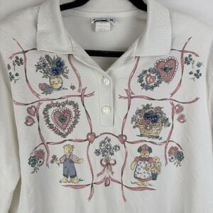 Vintage Womens Teddi Bear Sweater Collared White Large Shoulder Pad Heart Stitch